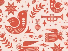 an orange and white pattern with birds, flowers, and other things on it's surface