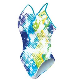 a women's one piece swimsuit with blue, yellow and green paint splatters