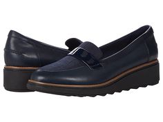 Clarks Sharon Gracie - Women's Shoes : Navy Interest : Part of the Clarks Collection. Call on the Clarks Sharon Gracie slip-on loafer for sensational comfort and style! The soft leather upper boasts a textured detail at the vamp for added visual appeal. Soft fabric linings. OrthoLite footbed enhances comfort while reducing impact. Thick rubber outsole. Imported. Measurements: Heel Height: 2 in Weight: 8 oz Product measurements were taken using size 8.5, width B - Medium. Please note that measure Clark Shoes For Women, Clark Shoes, Clarks Women's, Womens Clarks, Shoes For Women, A Smile, Loafers Men, Soft Fabric, Soft Leather