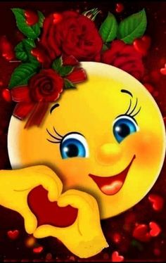 a yellow smiley face with roses on it's head and hands in the shape of a heart