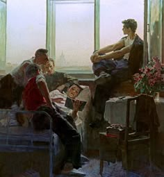 a painting of people sitting in a living room