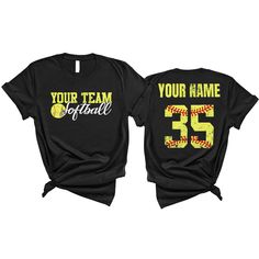 two shirts that say your team softball with the number 35 on them and an image of a