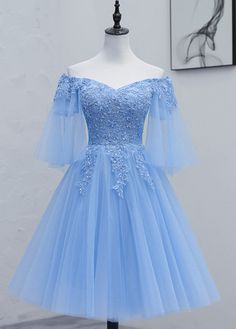 Prom Dress Blue, Blue Homecoming Dresses, Tulle Sleeves, Color Rush, Dress Homecoming, Blue Tulle, Short Homecoming Dress, Short Prom Dress, Lace Top Long Sleeve