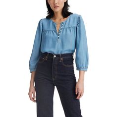 Look pulled together instantly in this Halsey blouse. Levi's crafted it with a high neckline, a half-button placket, blouson sleeves and a flowy, relaxed fit.Click on this WOMEN'S GUIDE to find the perfect fit and more! Look pulled together instantly in this Halsey blouse. Levi's crafted it with a high neckline, a half-button placket, blouson sleeves and a flowy, relaxed fit.Click on this WOMEN'S GUIDE to find the perfect fit and more! FEATURES Woven construction 3/4-length balloon sleeves with Henley Neckline Blouse With Button Closure, Levi's Button-up Tops With Button Closure, Relaxed Fit Levi's Tops With Buttons, Levi's Relaxed Fit Top With Buttons, Blouson Sleeves Button-up Blouse, Henley Neckline Tops For Spring Workwear, Casual Button-up Blouse With Blouson Sleeves, Levi's Workwear Tops With Buttons, Blue Blouse With Blouson Sleeves For Work