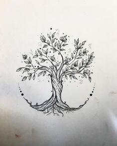 a drawing of a tree with leaves on it