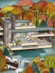 an architectural drawing of a modern house in the fall with trees surrounding it and a waterfall