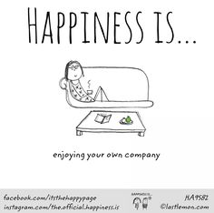 a cartoon drawing of a woman sitting on a couch with the caption happiness is enjoying your own company