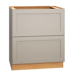 a gray cabinet with two drawers on the front and one drawer open to reveal something