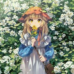 an anime character holding a flower in front of some white and yellow flowers with one hand on her hip