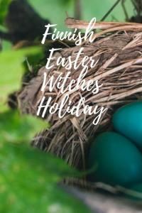 three blue eggs in a nest with the words finnish easter wishes holiday written on it