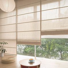 a living room filled with furniture and windows covered in roman shade shades on top of them