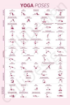 the yoga poses chart is shown in red and white, with instructions on how to do it