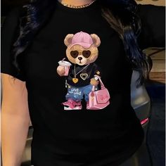 Cartoon Bear Print T-Shirt, Short Sleeve Crew Neck Casual Top For Summer & Spring, Women's Clothing Size L ( See The Pictures) Color : Base Black With Picture Bear With Pink Hat New Never Used Teddy Bear Shirt, Bear Graphic, Bear Shirt, Fabric Animals, Plus Size Kleidung, Bear T Shirt, Cartoon T Shirts, Cute Bear, Tees For Women