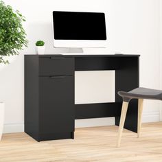 a desk with a computer on it and a plant in the corner next to it