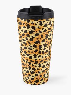 an orange and black leopard print travel mug on a white background with a black lid