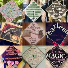 many graduation caps with words on them and some pictures in the middle one has writing