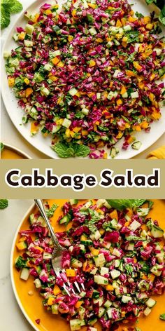 cabbage salad with carrots, celery and green onions on a yellow plate