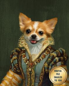 a painting of a dog dressed in an old - fashioned dress and holding a golden medal