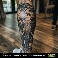 Elephant Leg Tattoo: 10 Cool Ideas To Beautify Your Leg - Tattoo Build Check more at https://ideatatto.com/animals/elephant-leg-tattoo-10-cool-ideas-to-beautify-your-leg-tattoo-build/ Elephant Leg Sleeve Tattoo, Elephant Tattoos Leg, Men Leg Tattoo Ideas Design, Best Leg Tattoo Men Design, Animal Leg Sleeve Tattoo, Elephant Leg Tattoo, Leg Tattoo Men Ideas, Men Leg Tattoo Ideas, Been Tattoo