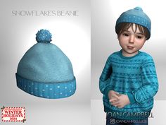 a little boy wearing a blue hat and sweater