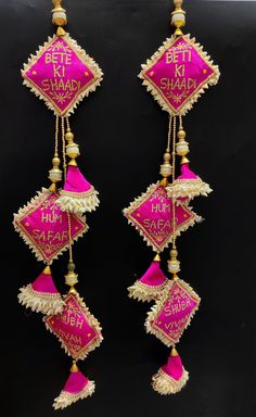 "personalized fuchsia pink silk fabric golden thread embroidered traditional indian wedding lehenga sewing decorative hanging tassels latkan Handmade Hanging/tassels Material:Silk, Thread, Motifs Package Contents: 2 1 cushion pair 12\" = 12 inches length 2 cushion pair 15\" = 15 inches length 3 cushion pair 18\" = 18 inches length Key Features: Embroidery art work This is good match with both Indian and western outfits and are superb for wedding and festive parties. This would be best complement Lehenga Tassels, Pink Silk Fabric, Latkan Design, Tassels Fashion Clothing, Hanging Tassels, Designer Tassels, Saree Tassels Designs, Indian Wedding Lehenga, Golden Thread