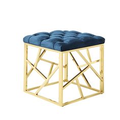 a gold and blue stool with a square cushion on it's top, against a white background