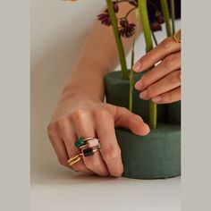 a woman's hand with two rings on her fingers, holding a flower pot