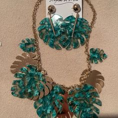 Palm Necklace And Earrings Never Worn Bought At Dillards Green Leaf-shaped Party Jewelry, Leaf-shaped Metal Party Jewelry, Olive Scarf, Palm Necklace, Tie Dye Bucket Hat, Tan Belt, Crochet Beanie Hat, Fall Hats, Brown Fall