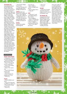 a knitted snowman with a hat and scarf is featured in the knitting pattern