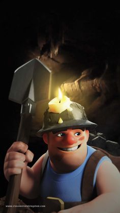 a cartoon character holding an ax with a lit candle on it's head and wearing a hat