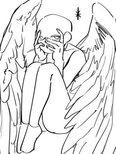 a drawing of an angel holding his head to his face with two wings on it