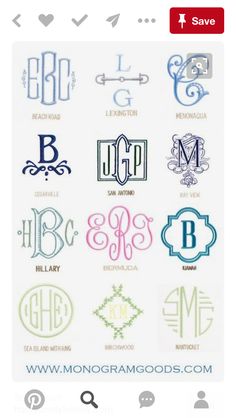 the monograms are all in different colors and font styles, including letters that spell out