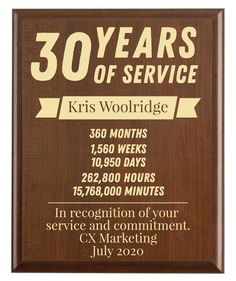 "A great gift for a valued employee in recognition of 30 (or however many) years of service on their Work Anniversary. Free personalization, fast shipping - Modern design (also available in a classic design with any year needed here: https://www.etsy.com/listing/655369185/work-anniversary-gift-5-10-15-20-25-30) You can include your organization name, location, and year. You can also change the recognition text. When you checkout there is an option to \"Add a note to Marked Moments.\" Please ente Work Anniversary Quotes, Work Anniversary Gifts, Recognition Gifts, Pinning Ceremony, Personalized Engraved Gifts, Work Anniversary, Employee Recognition, Service Awards, 10 Year Anniversary