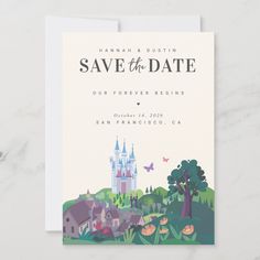 a save the date card with an image of a castle and trees in the background