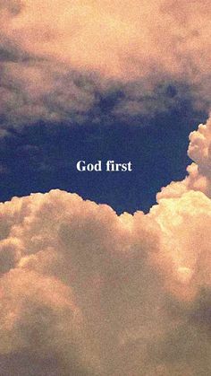 an airplane is flying through the clouds with words above it that read, god first