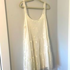 Lace Dress With Cream Lining Lace Sundress Midi Length, Lace Midi Sundress, Lace Midi Length Sundress, Spring Sleeveless Lace Dress, Casual Lace Midi Length Dress, Lace Midi Sundress For Casual Occasions, Knee-length Lace Dress For Summer Beach, Knee-length Lace Dress For Beach In Summer, Flowy Sleeveless Lace Midi Dress