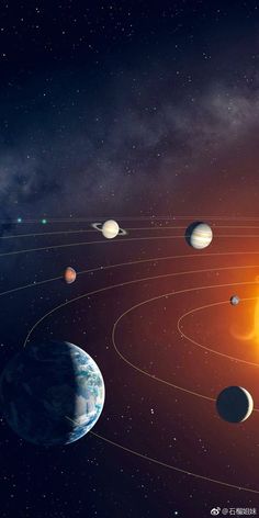 an artist's rendering of the solar system with its eight planets and their satellites