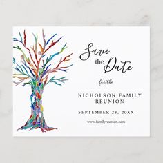 save the date card with colorful tree