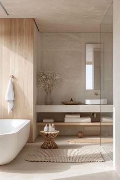 a white bath tub sitting next to a bathroom sink