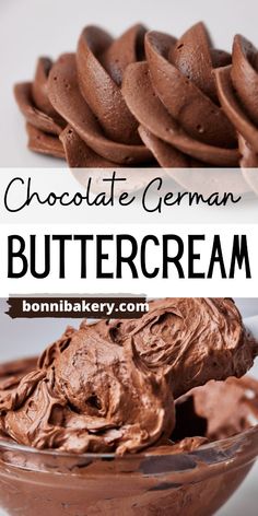 chocolate german buttercream in a bowl with the words, chocolate german buttercream