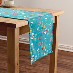 a table with a blue table cloth on it