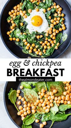 an egg and chickpea breakfast in a skillet with spinach leaves on the side