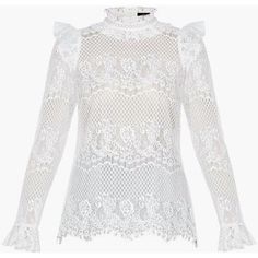 Stunning 'Kenzie' Blouse From Bcbg. All Over Delicate Open White Lace With A Tulle Type Lining. High Ruffled Collar, Ruffle Wrist Detail, Shoulder Poof And Gorgeous Scallop Hem. Closes With Buttons Above A Keyhole At The Nape Of The Neck. Semi-Sheer. A Victorian, Cottagecore, Romantic, Dreamy Piece. 60% Cotton/40% Nylon Shell, Polyester Lining. Hand Wash Or Dry Clean. New With Tags And Flawless! Size: Xs Bust: About 40" Sleeve: 27" Length: 25.25" At Center Back Chic Evening Tops With Lace Trim, Elegant Fitted Lace Top For Brunch, White Ruffled Evening Top, Chic Fitted Lace Top For Brunch, Fitted Chic Lace Top For Brunch, Chic White Lace Top For Evening, White Lace Evening Tops, Chic Ruffled Lace Top For Wedding, Chic Lace Top With Ruffles For Wedding