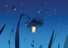 an illustration of a bee flying in the night sky