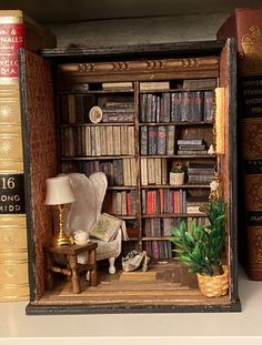 there is a miniature bookcase with books on it