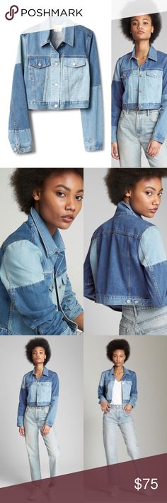 Gap Crop Patchwork Denim Jacket NWT. Amazing cropped denim jacket with patchwork pieces.   It's a fantastic denim jacket because it's cropped but still sits right at waist (it cuts off at a natural crop) and won't really leave anything exposed. GAP Jackets & Coats Jean Jackets Casual Blue Denim Jacket With Patchwork, Casual Blue Patchwork Denim Jacket, Trendy Patchwork Denim Jacket, Fall Denim Blue Patchwork Denim Top, Casual Patchwork Denim Jacket, Denim Blue Patchwork Top For Fall, Fall Denim Blue Patchwork Top, Blue Recycled Denim Patchwork Outerwear, Medium Wash Patchwork Denim Jacket