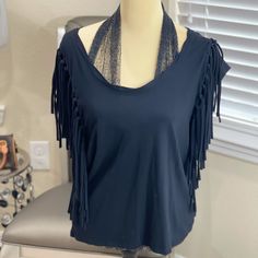 Never Worn Chelsea & Theodore Fringe Tee Black Fringe Top For Night Out, Casual Fringe Tops For Night Out, Fringe Tee, T Shirt Ideas, Shirt Ideas, Chelsea, Womens Tops, Customer Support, Full Service