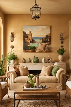 a living room filled with furniture and a painting on the wall above it's fireplace