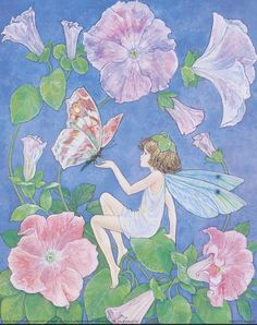 a painting of a fairy sitting on top of flowers