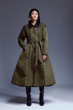 Jacket Collection, Quilted Coat, Karen Millen, Khaki Green, Fashion Face, Quilted Jacket, Hoodie Top, Full Skirt, Tops For Leggings